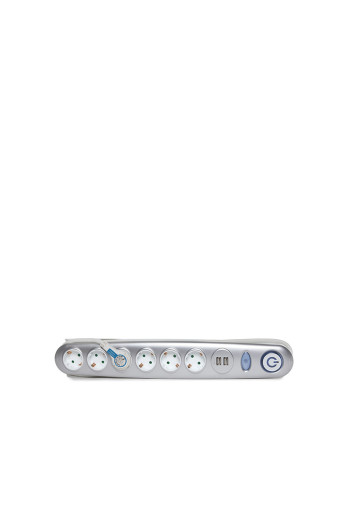 Enchufe 6 X Toma Corriente + Interruptor Luminoso + 2 X Usb Cargador 2100 Ma 5V - IP20 - Blanco/Plata