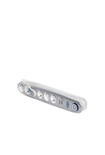 Enchufe 6 X Toma Corriente + Interruptor Luminoso + 2 X Usb Cargador 2100 Ma 5V - IP20 - Blanco/Plata