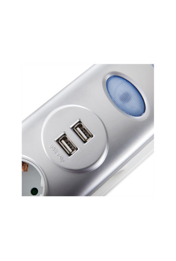 Enchufe 6 X Toma Corriente + Interruptor Luminoso + 2 X Usb Cargador 2100 Ma 5V - IP20 - Blanco/Plata