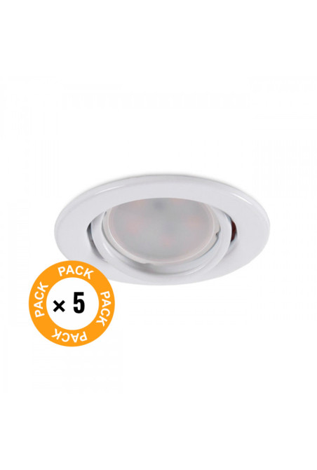 Pack de 5 Bombillas LED GU10 6W 500Lm 6000ºK 30.000H - Aro Downlight Redondo Inclinable \"Vepa\" Acero 90mm - Blanco