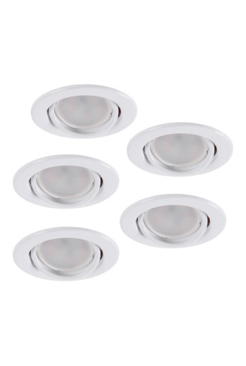 Pack de 5 Bombillas LED GU10 6W 500Lm 6000ºK 30.000H - Aro Downlight Redondo Inclinable \"Vepa\" Acero 90mm - Blanco